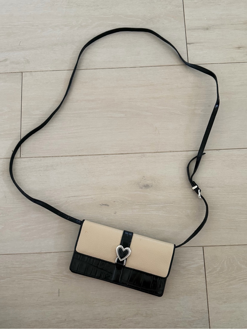 Brighton Women’s Two-Tone Beige and Black Crossbody Bag with Heart Accent